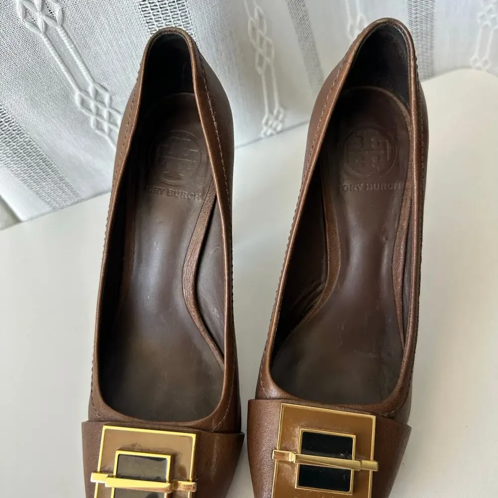 Tory Burch (7.5) Brown Leather Platform Heels- Art Deco, Buckle, Open Toe, Block